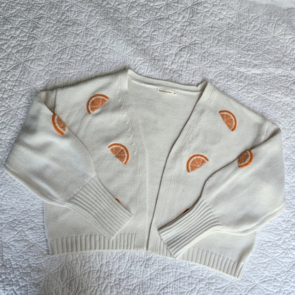 Orange Motif Fruit Slice Open Sweater Knit Cardigan - Picture 1 of 12